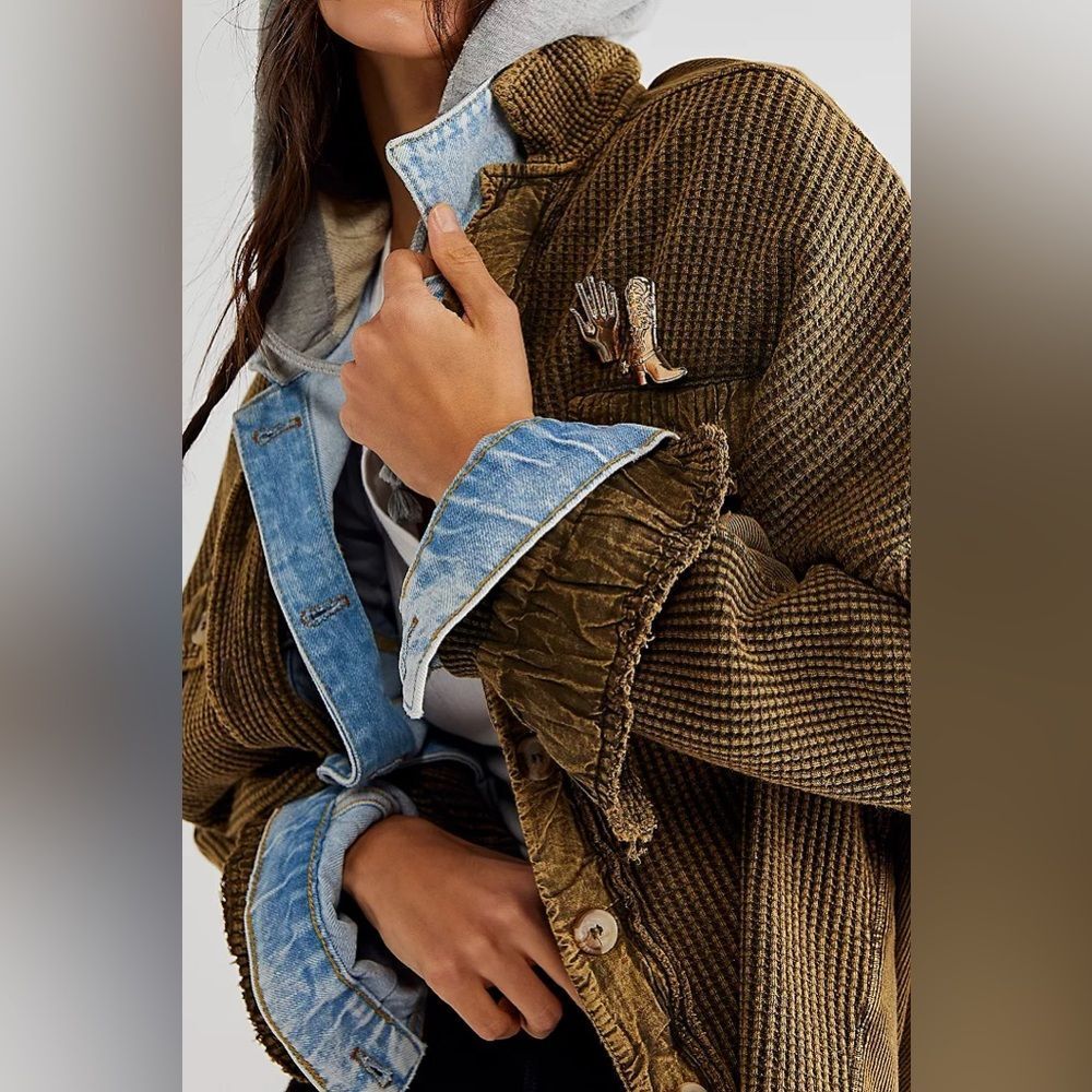 FP Free People Scout Jacket Waffle Knit Oversized Layering Shirt Green Small - Picture 3 of 16